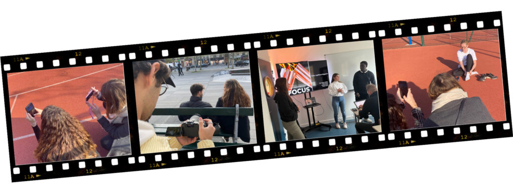 Un montage photo dans un film de pellicule représentant des étudiants qui apprennent à prendre des photos