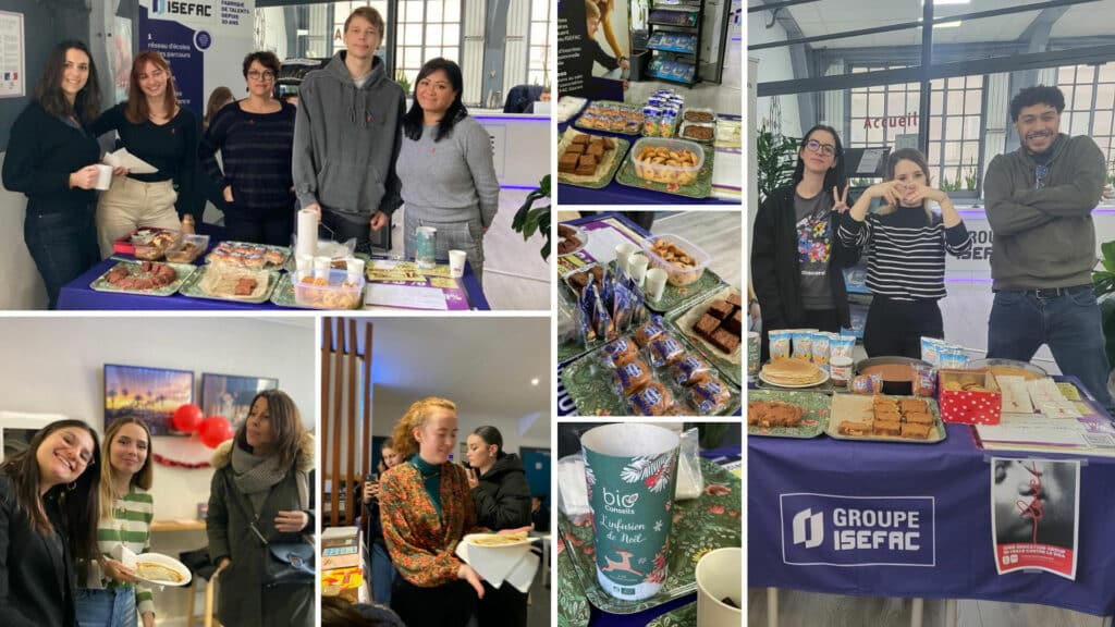 Montage photo d'étudiants qui posent derrière des stands de vente de gâteaux pour une opération caritative