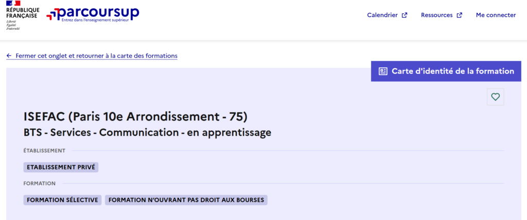 Fiche détaillée ISEFAC sur Parcoursup